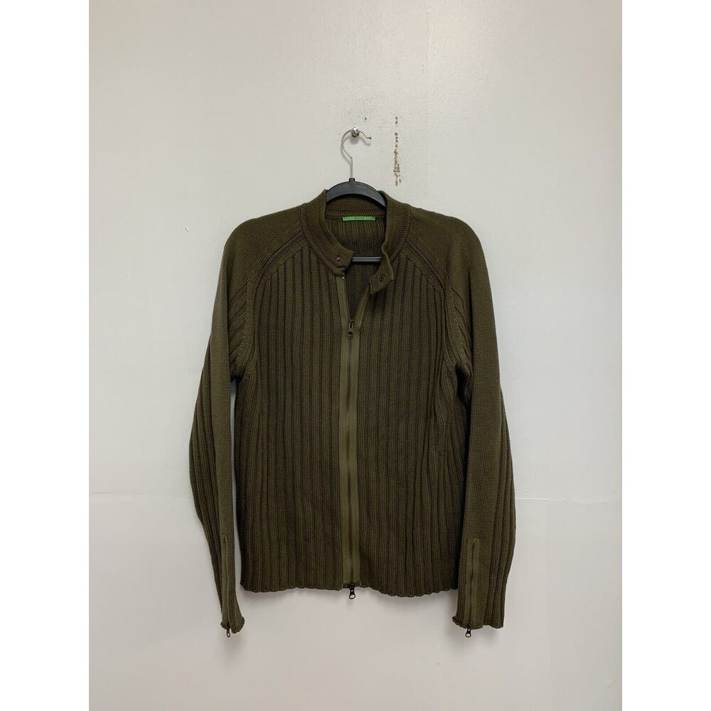 Sevres Sweater Mens 52 Large Full Zip Rib Knit Wool Army Green Italy Designer